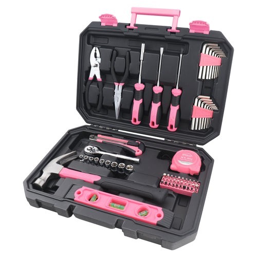 Essential 65-Piece Pink Tool Set with Socket Set and Most-Used Tools for Do it Yourself Repairs and Maintenance 