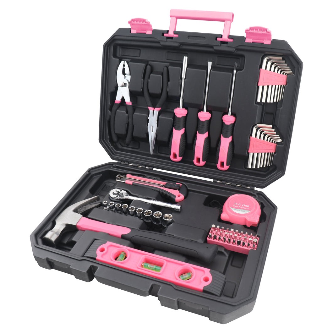 Essential 65-Piece Pink Tool Set with Socket Set and Most-Used Tools for Do it Yourself Repairs and Maintenance 