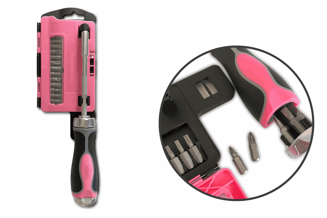 13-in-1 Ratcheting Screwdriver with Bit Set – Pink