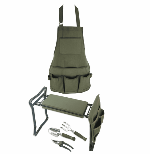 green garden apron , green garden kneeler and seat, green garden tools