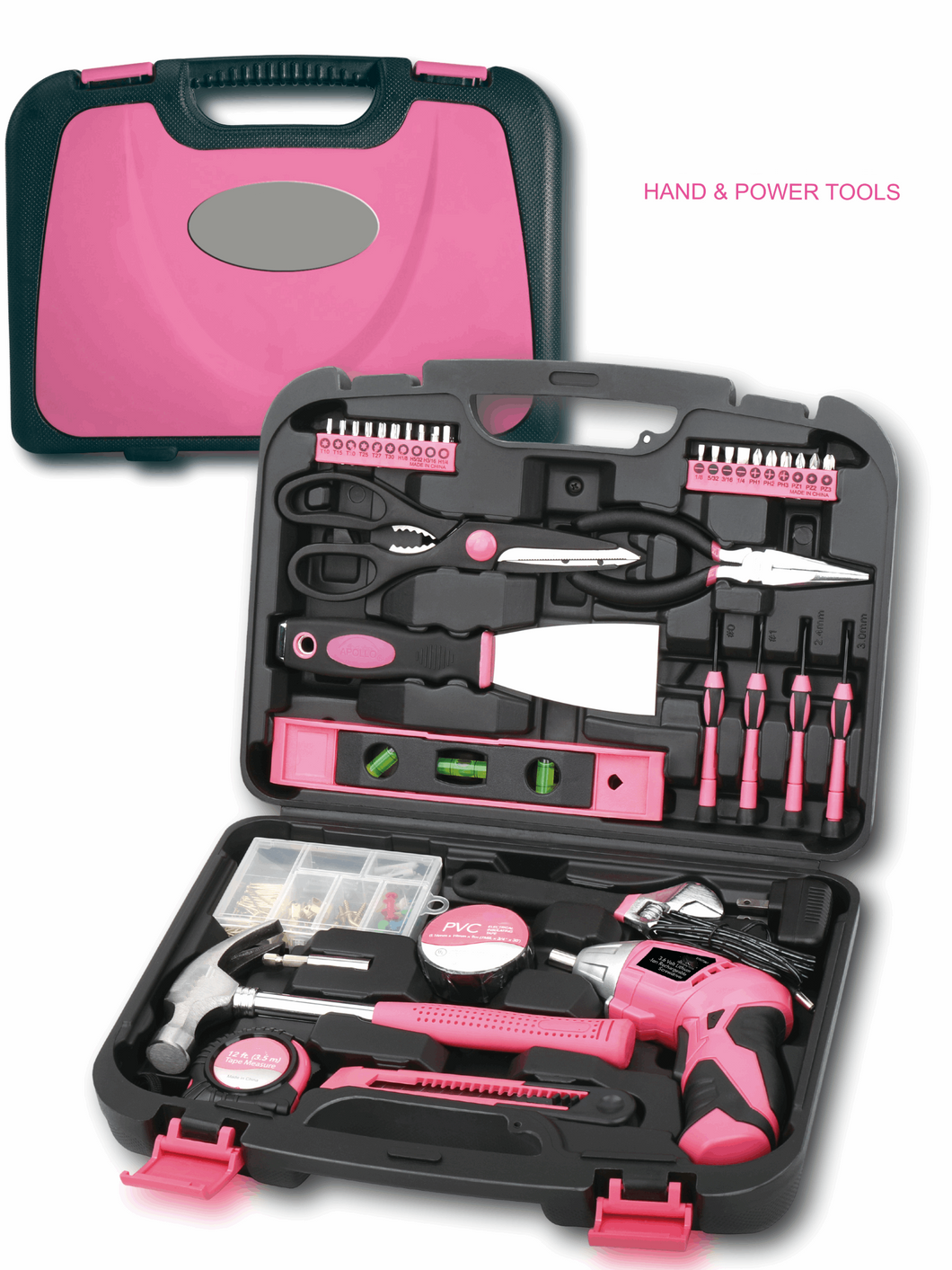 Pink tool set with cordless screwdriver, pink tool kit with rechargeable screwdriver, powerful pink screwgun tooset donation to breast cancer