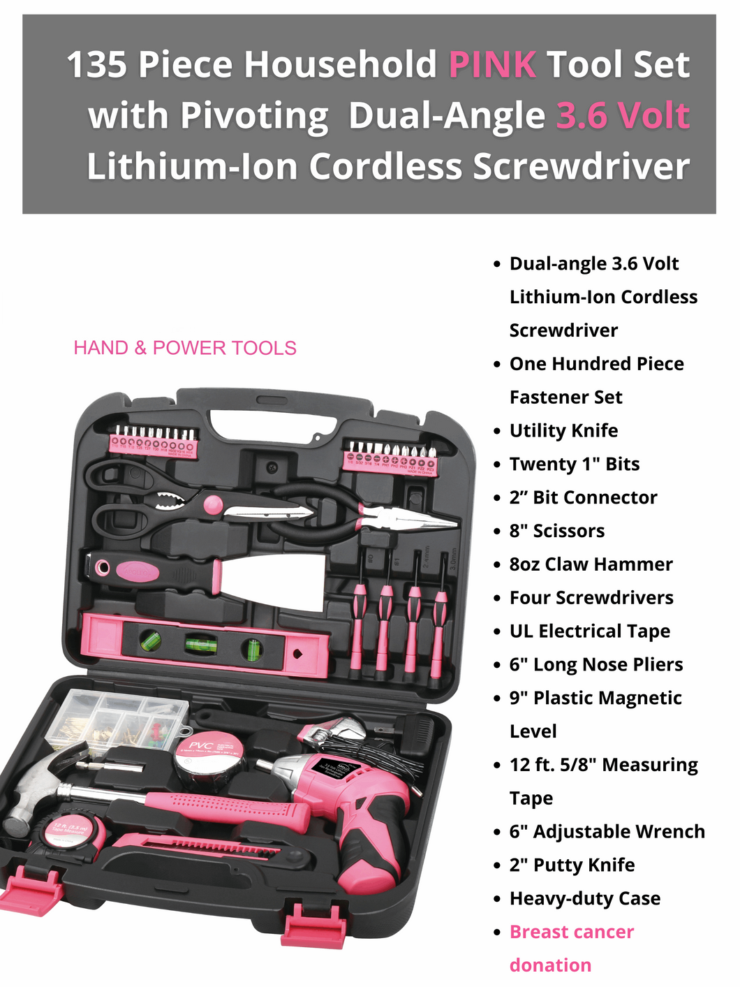 Pink tool set with cordless screwdriver, pink tool kit with rechargeable screwdriver, powerful pink screwgun tooset donation to breast cancer