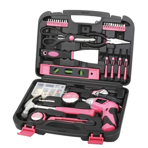 135 Piece Household Tool Kit Pink with Pivoting Dual-Angle 3.6 Volt Lithium-Ion Cordless ScrewdriverN1