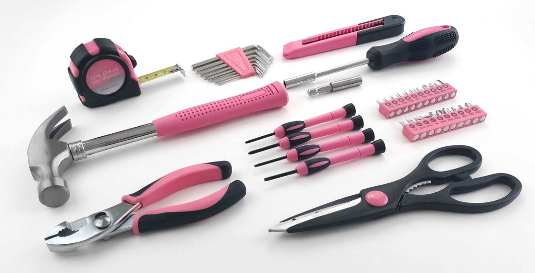 pink hammer, pink tools, pink tape mesure, pink utility knife, pink wrrench