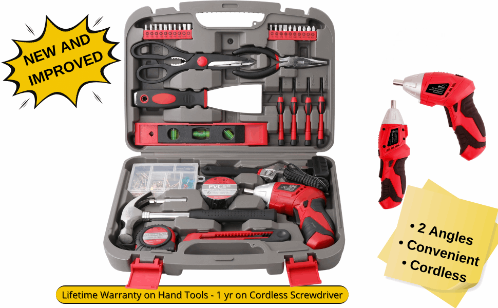 DT0773 135 piece tool set with cordless 3.6 volt lithium ion screwdriver and tool assortment screwgun angle cordless screwdriver with two angles
