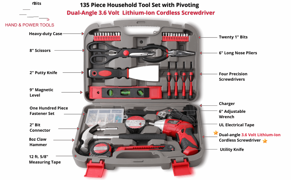 DT0773 135 piece tool set with cordless 3.6 volt lithium ion screwdriver and tool assortment screwgun angle cordless screwdriver with two angles